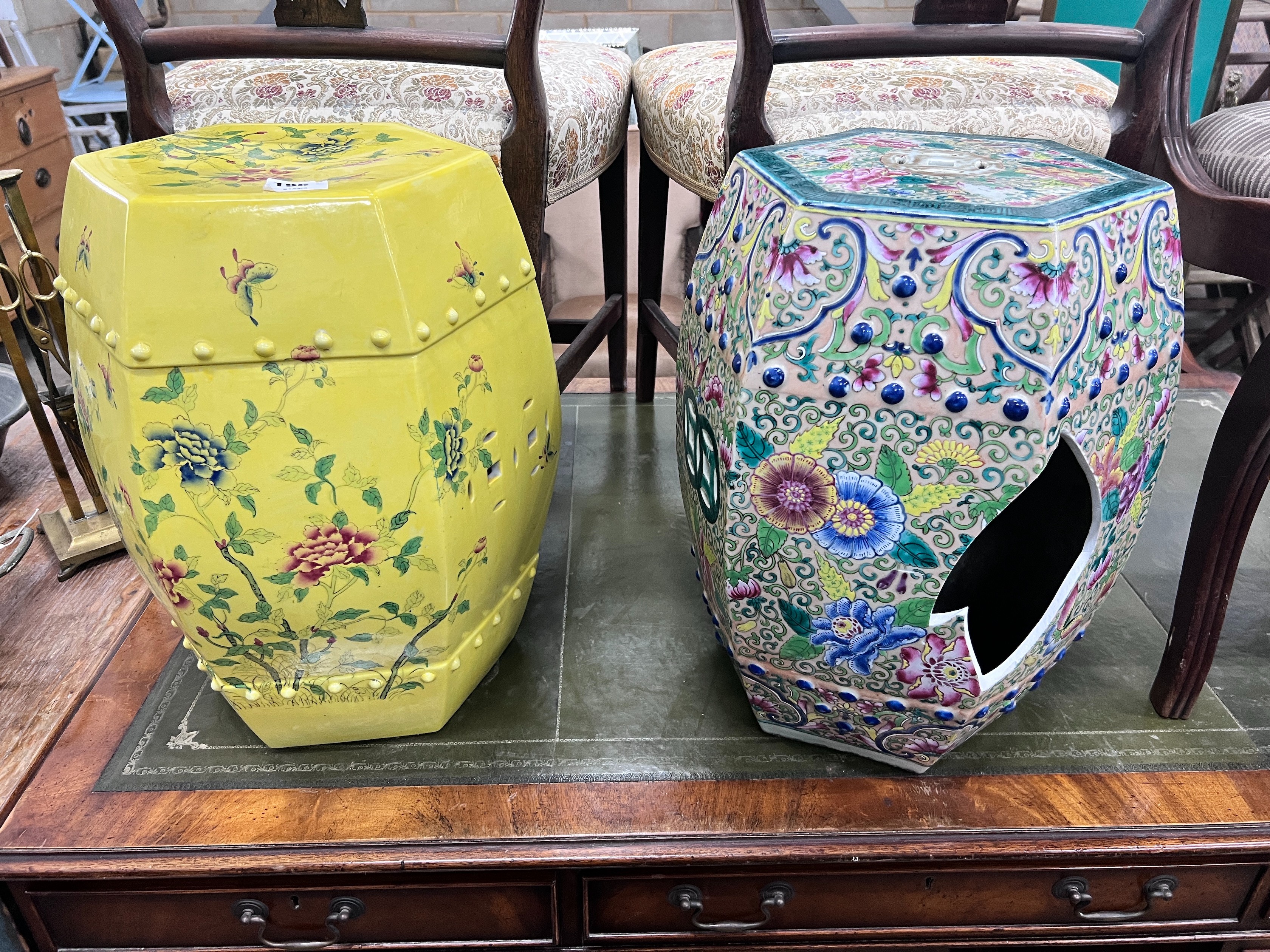 Two modern Chinese porcelain garden seats, width 40cm, depth 40cm, height 48cm (one a.f.) *Please note the sale commences at 9am.